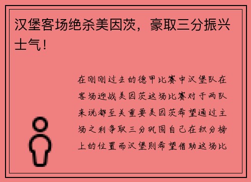 汉堡客场绝杀美因茨，豪取三分振兴士气！