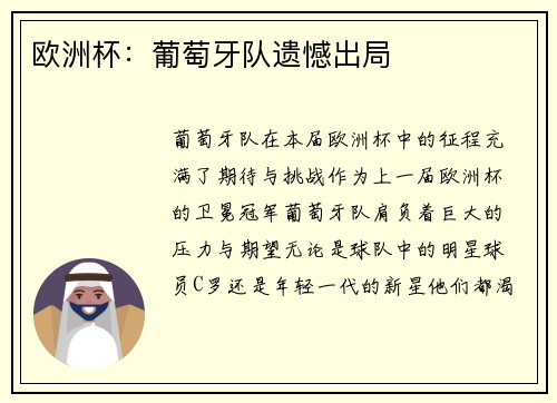 欧洲杯：葡萄牙队遗憾出局