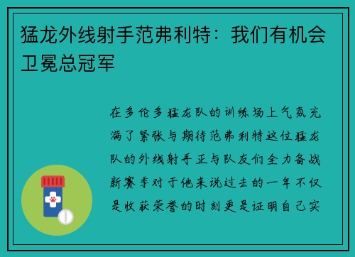 猛龙外线射手范弗利特：我们有机会卫冕总冠军